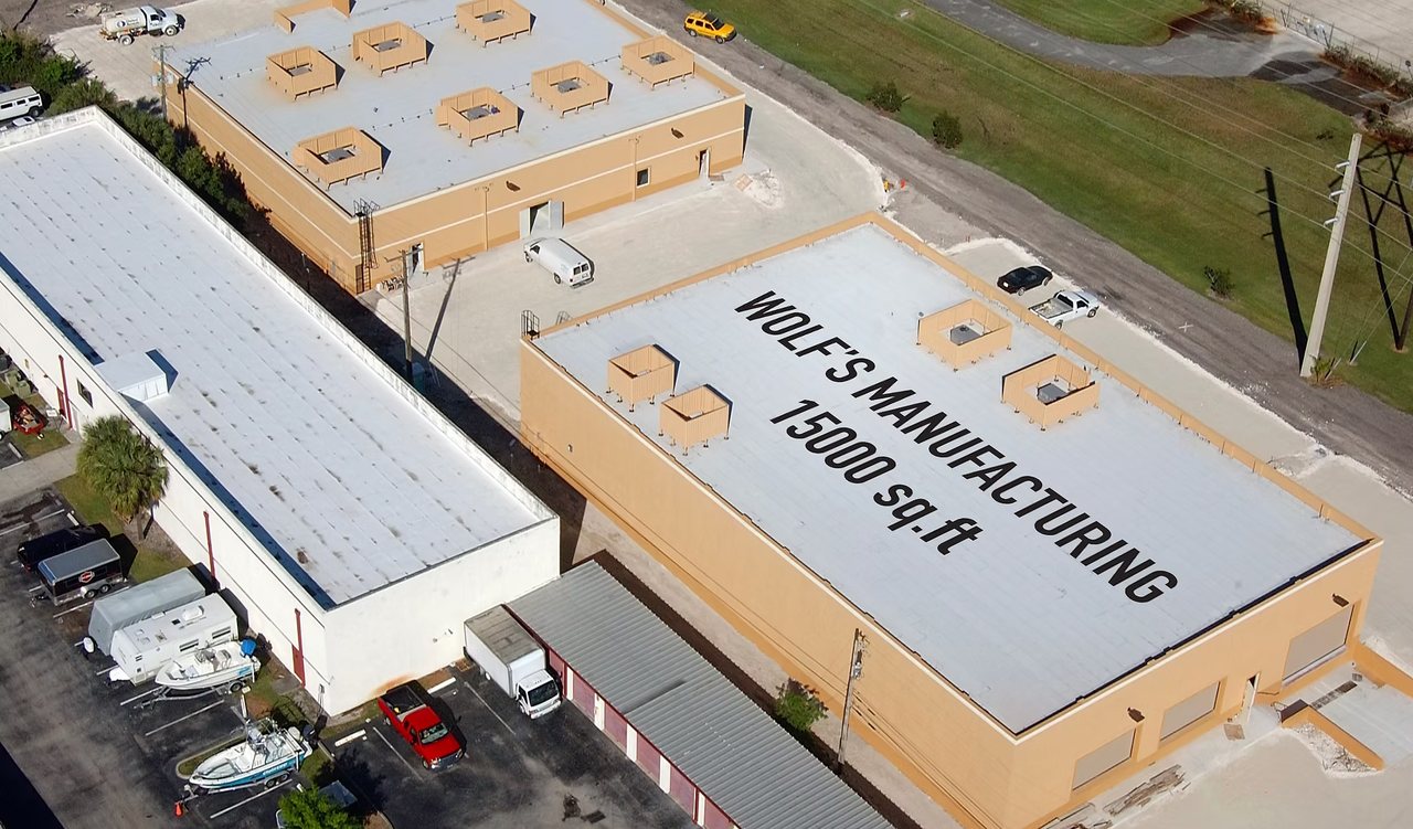 Aerial view of the Wolf in the Woods 15,000 square foot cabinet manufacturing facility in Davie, Florida
