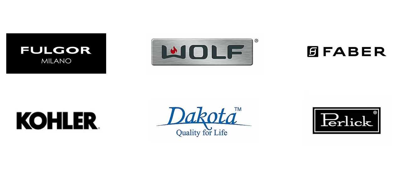 Partner brands including Fulgor Milano, Wolf, Faber, Kohler, Dakota and Perlick