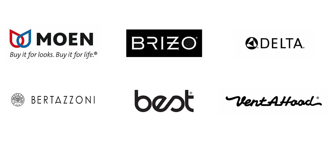 Partner brands including Moen, Brizo, Delta, Bertazzoni, Best and Vent-A-Hood